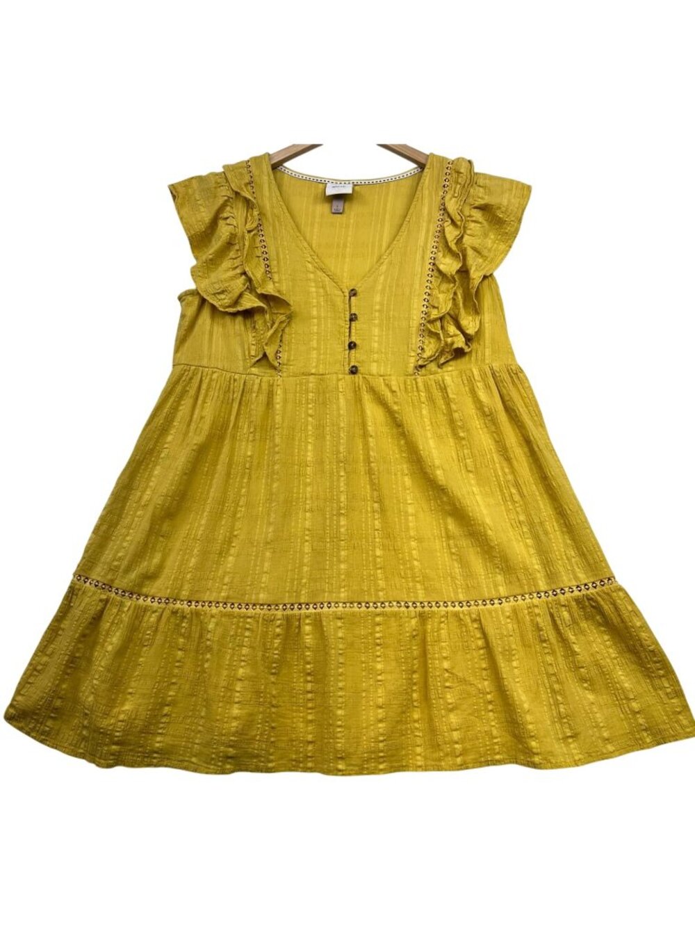 Knox Rose Women's Ruffled Bohemian Babydoll Mini Dress Cap Sleeve Size L Yellow